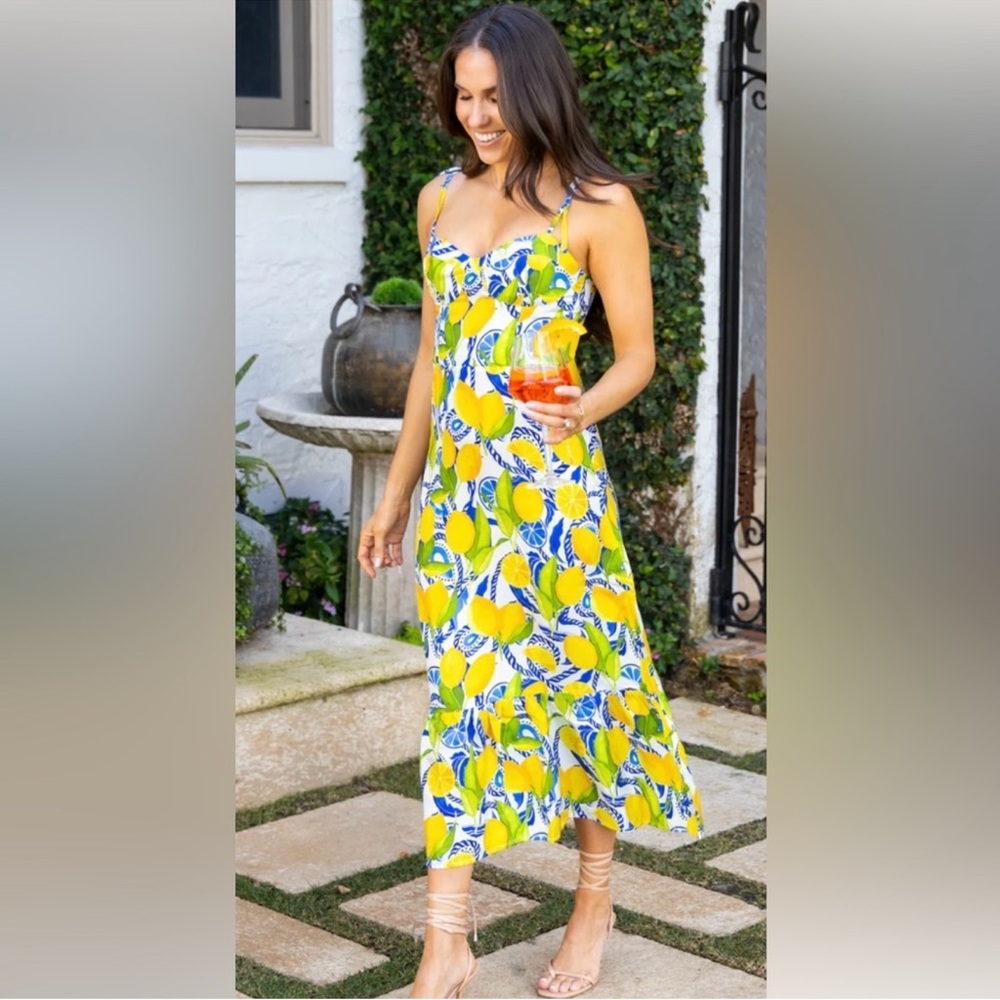Kenny Flowers positano silk sweetheart lemons midi dress